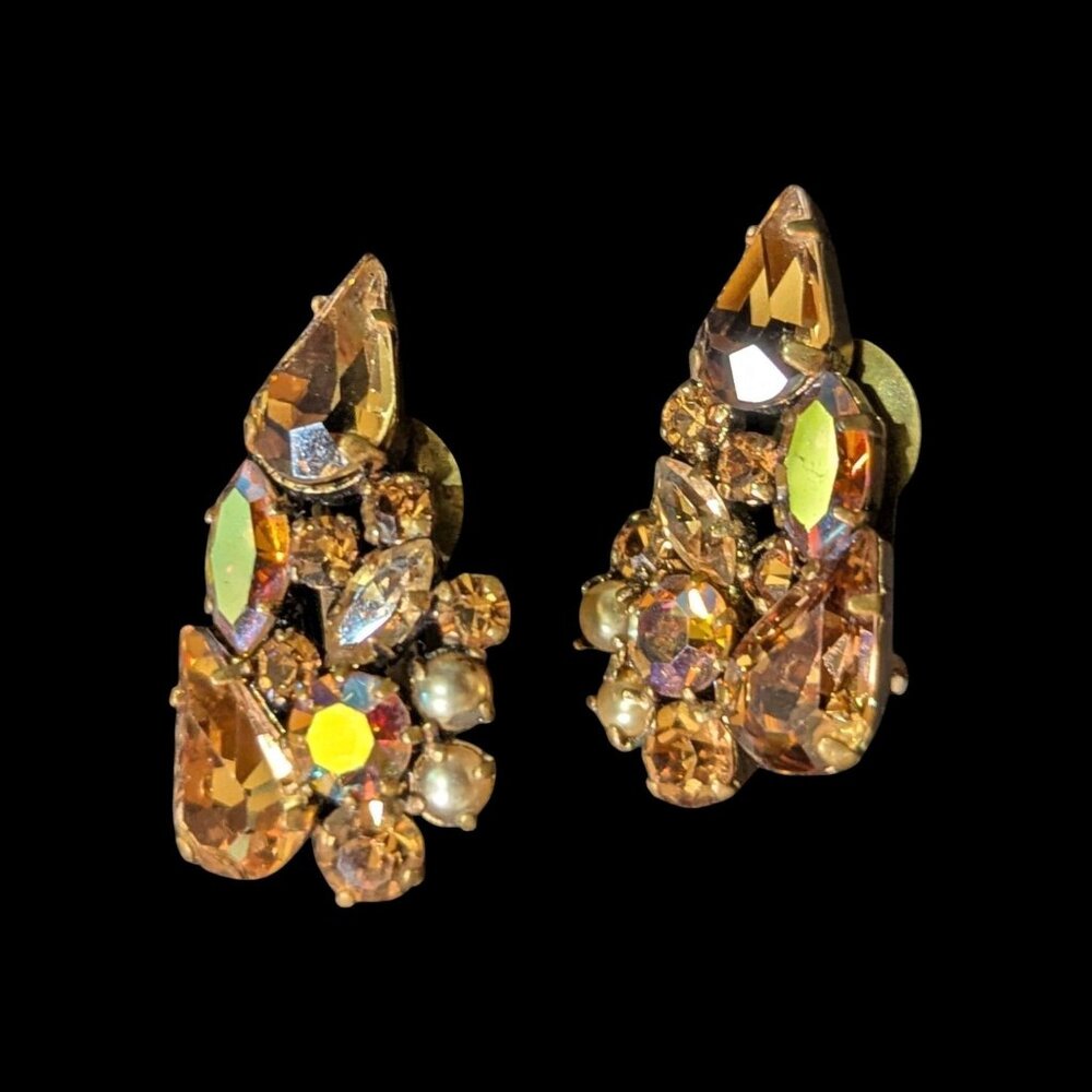 Aurora Rhinestone Clip-On Earrings Gold Tone Vintage Made In Austria Retro Spark